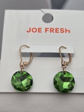 Joe Fresh Emerald Green Crystal Drop Earrings Gold Tone Leverback 1.25" New